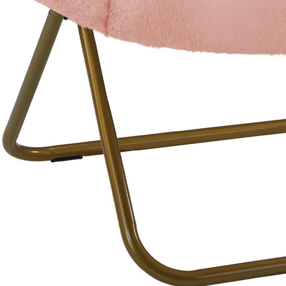 26" Pink and Bronze Tufted Faux Fur and Metal Folding Lounge Chair