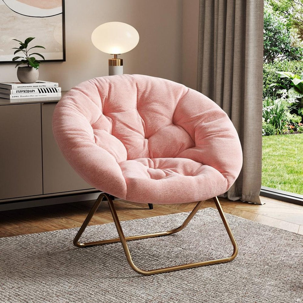 26" Pink and Bronze Tufted Faux Fur and Metal Folding Lounge Chair