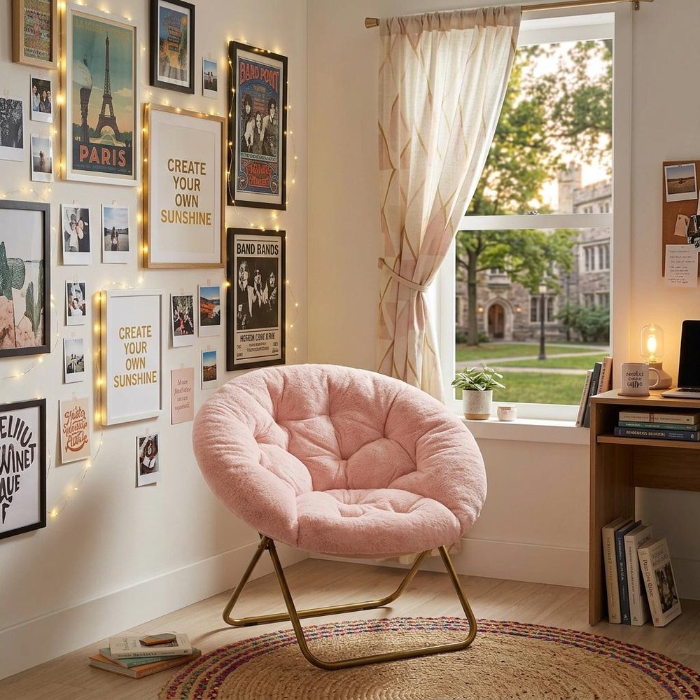 26" Pink and Bronze Tufted Faux Fur and Metal Folding Lounge Chair