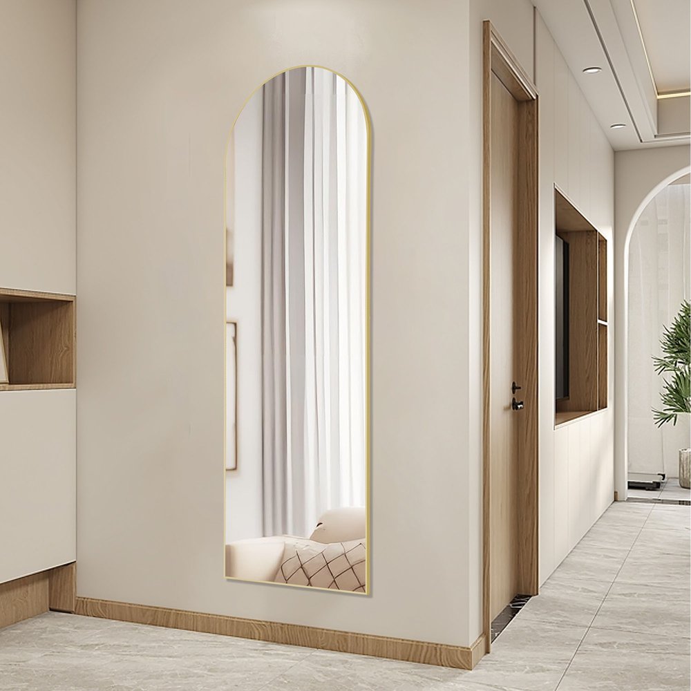 63" Gold Metal Arch Freestanding and Wall Mount Framed Full Length Mirror
