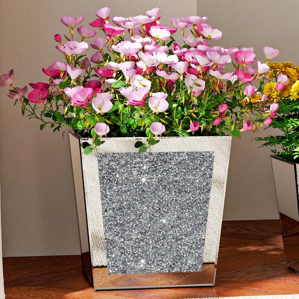 14" Silver Mirrored Glass Table Vase With Faux Crystals