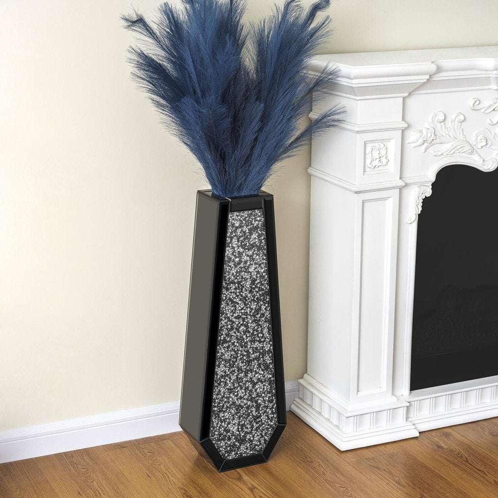 30" Black Mirrored Glass Floor Vase With Faux Crystals