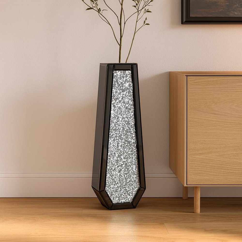 30" Black Mirrored Glass Floor Vase With Faux Crystals