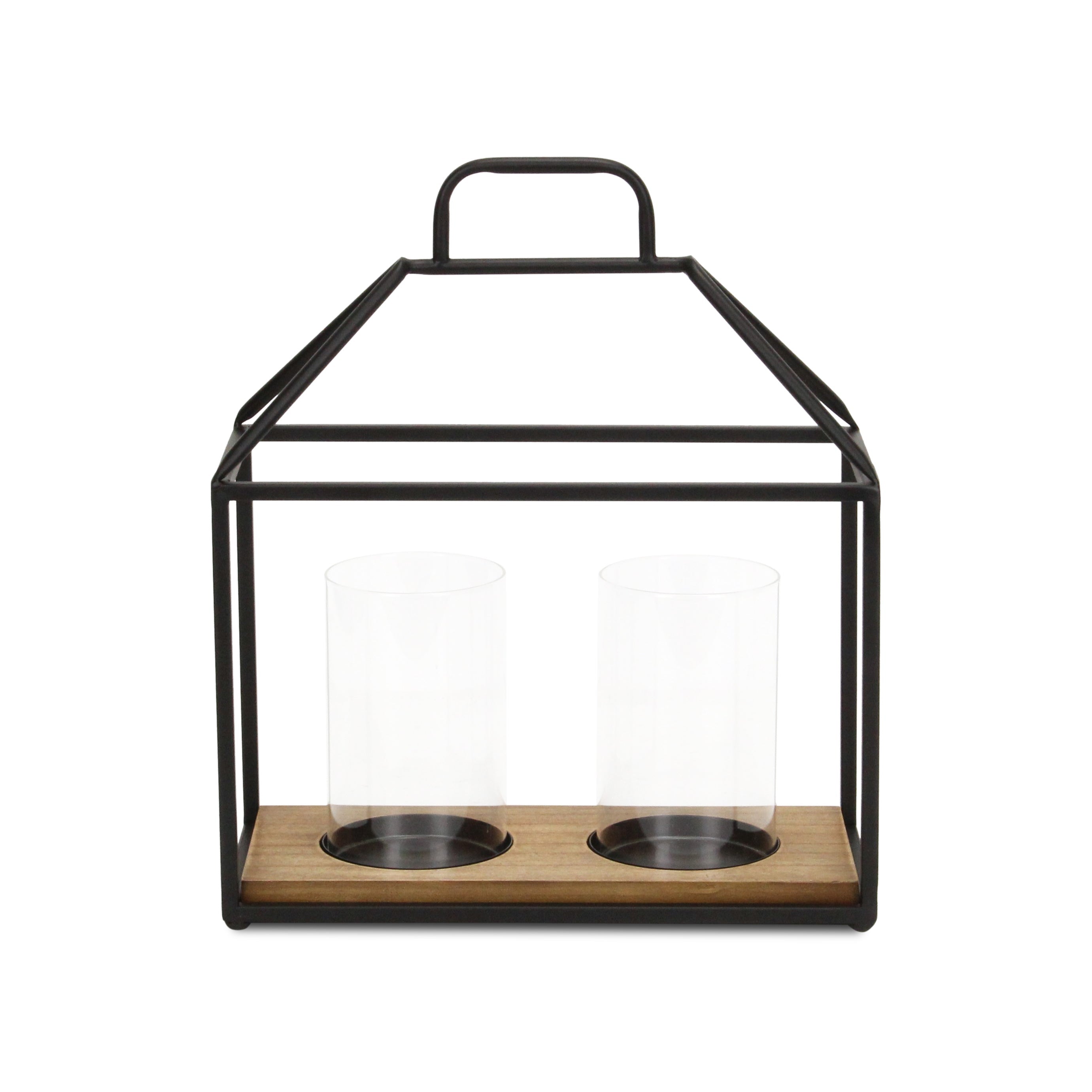 15" Black Metal Glass And Wood Geometric Two Light Hurricane Candle Holder