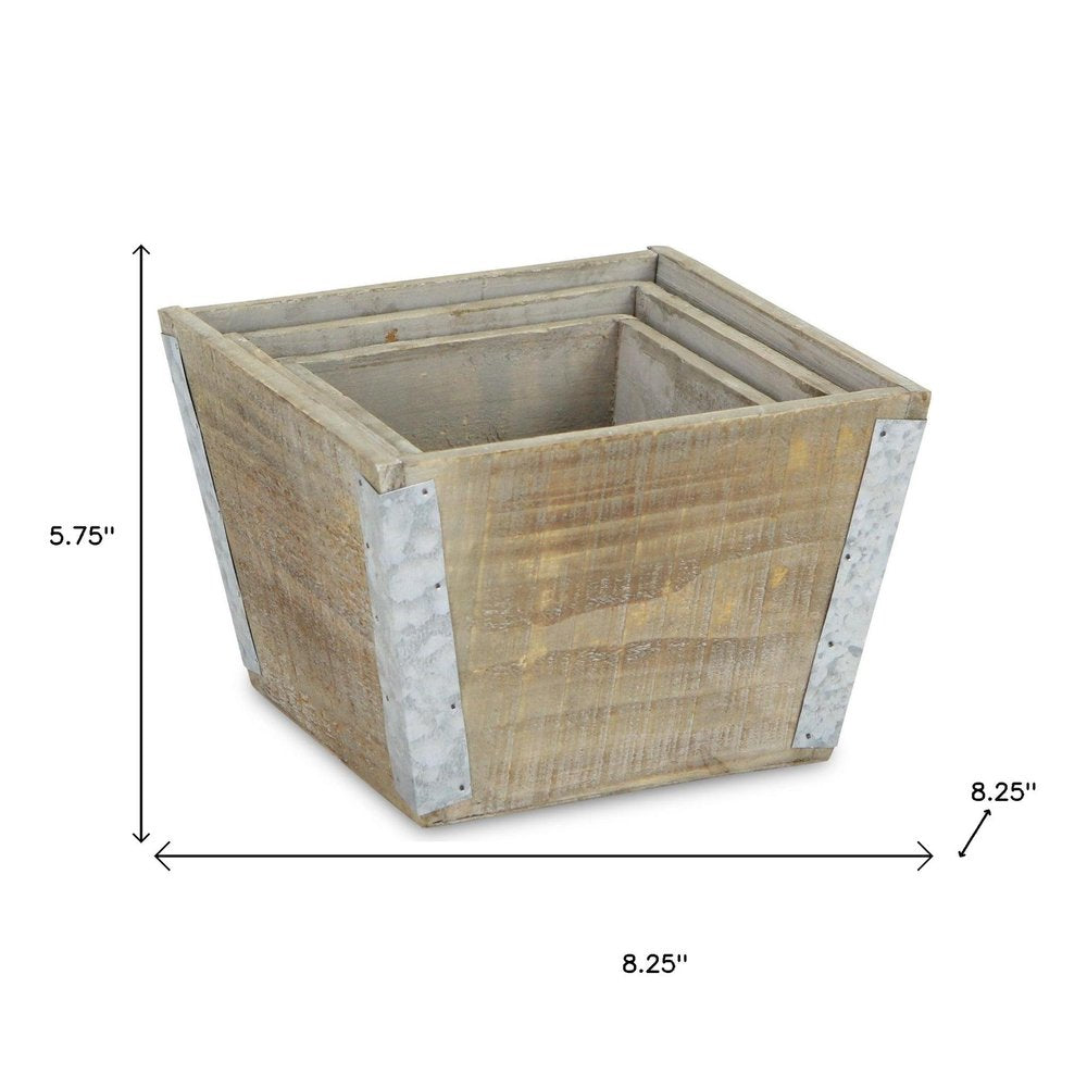 Set of Three Natural And Silver Metal And Wood 217 Ounce Square Distressed Planter Boxes