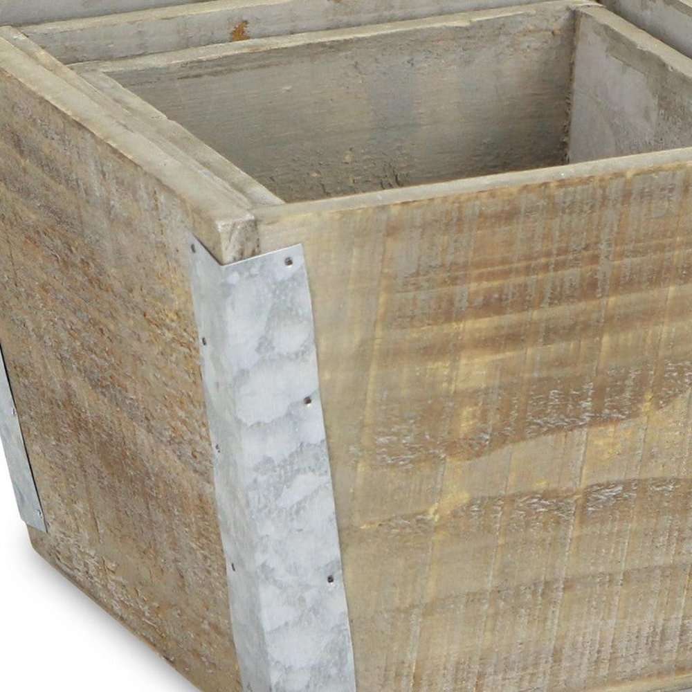 Set of Three Natural And Silver Metal And Wood 217 Ounce Square Distressed Planter Boxes