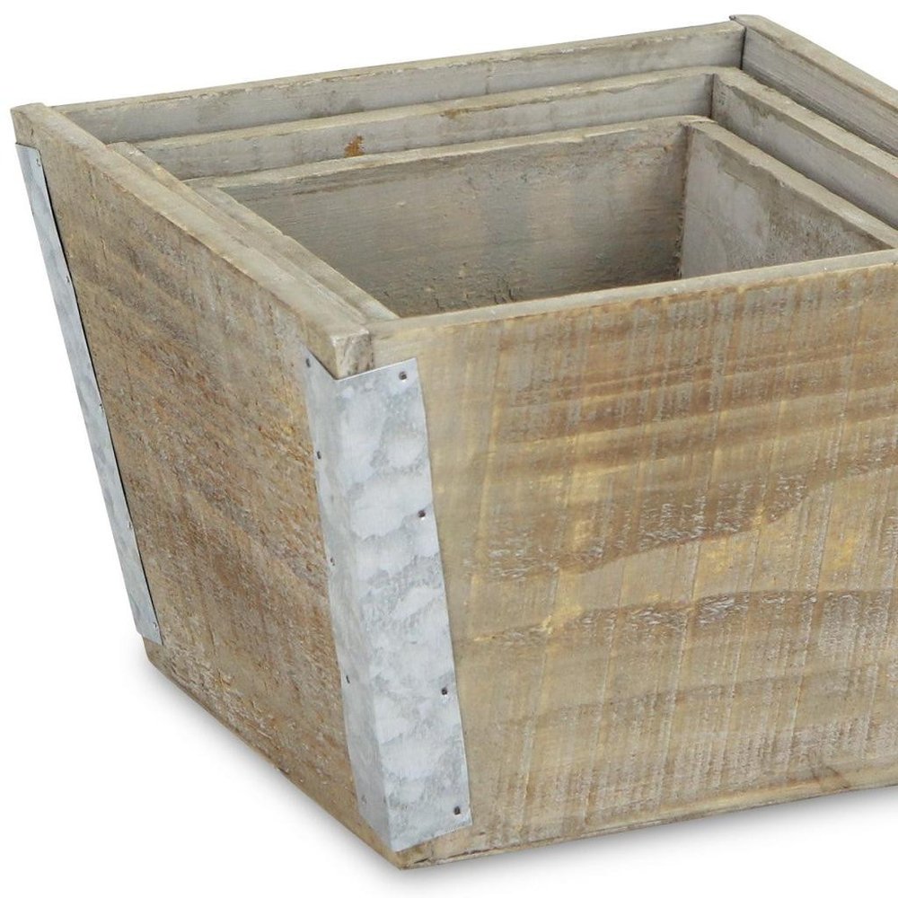Set of Three Natural And Silver Metal And Wood 217 Ounce Square Distressed Planter Boxes