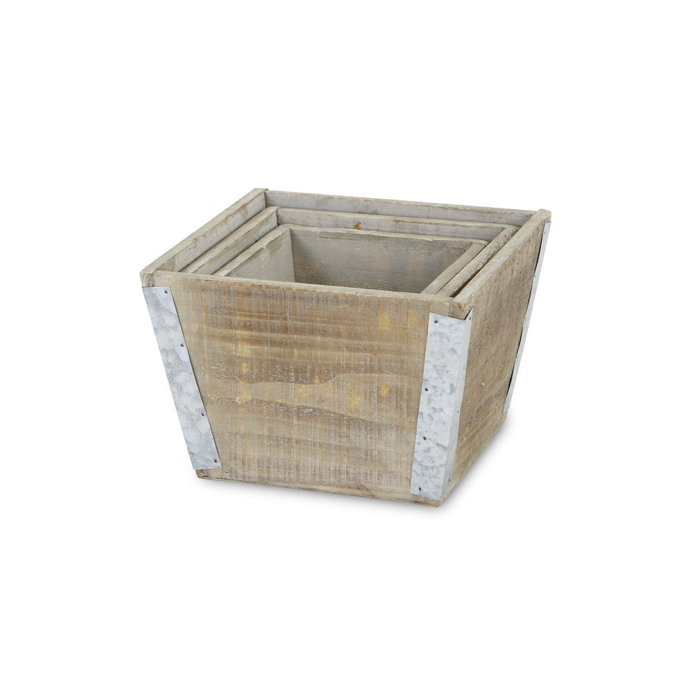 Set of Three Natural And Silver Metal And Wood 217 Ounce Square Distressed Planter Boxes