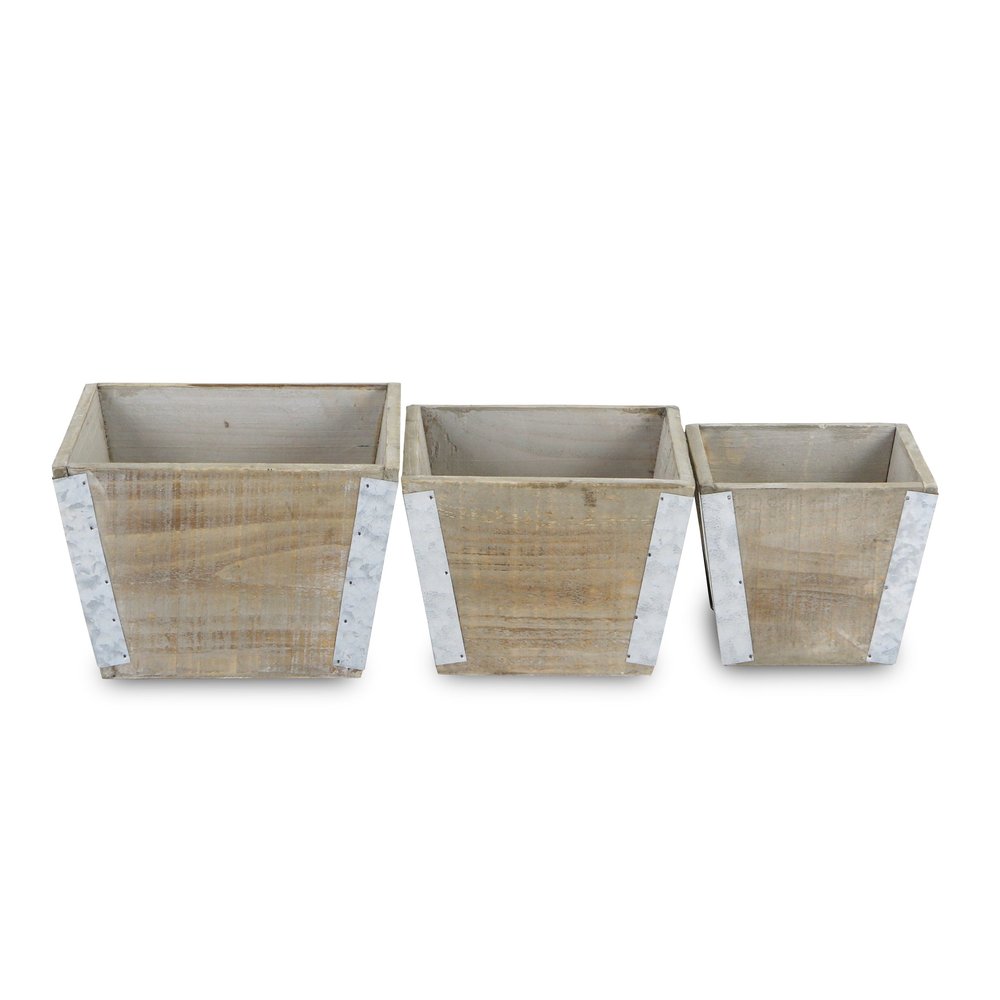 Set of Three Natural And Silver Metal And Wood 217 Ounce Square Distressed Planter Boxes