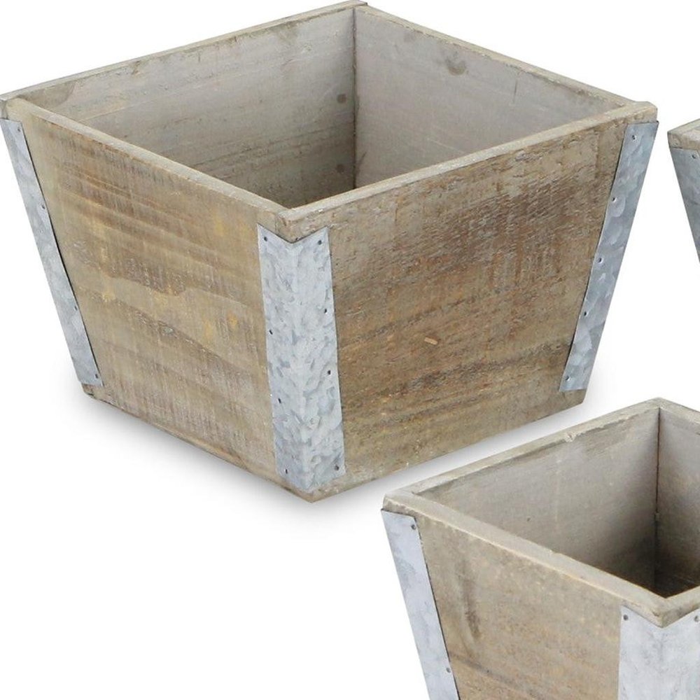 Set of Three Natural And Silver Metal And Wood 217 Ounce Square Distressed Planter Boxes