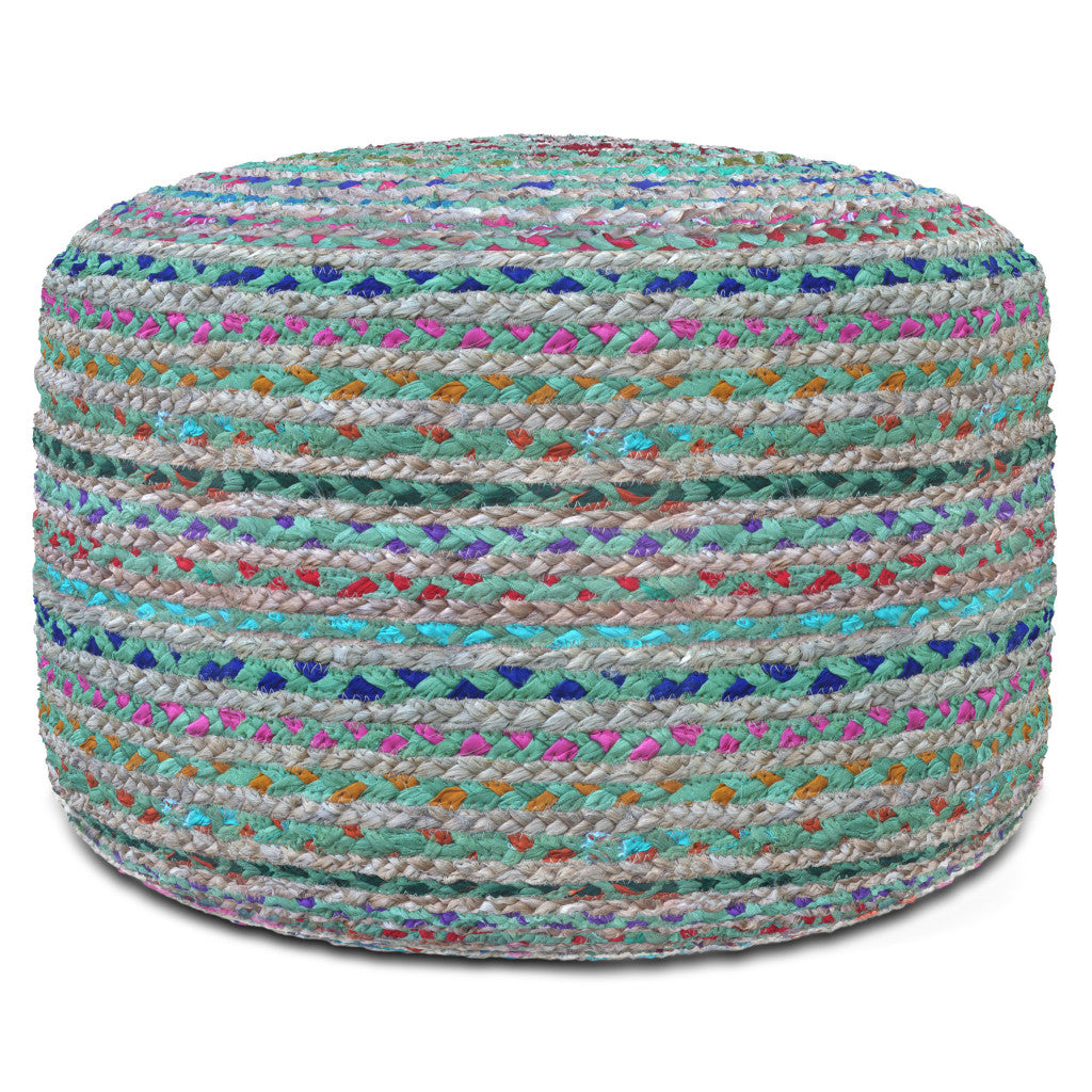 20" Blue Gray and Green Jute and Cotton Striped Round Pouf Ottoman