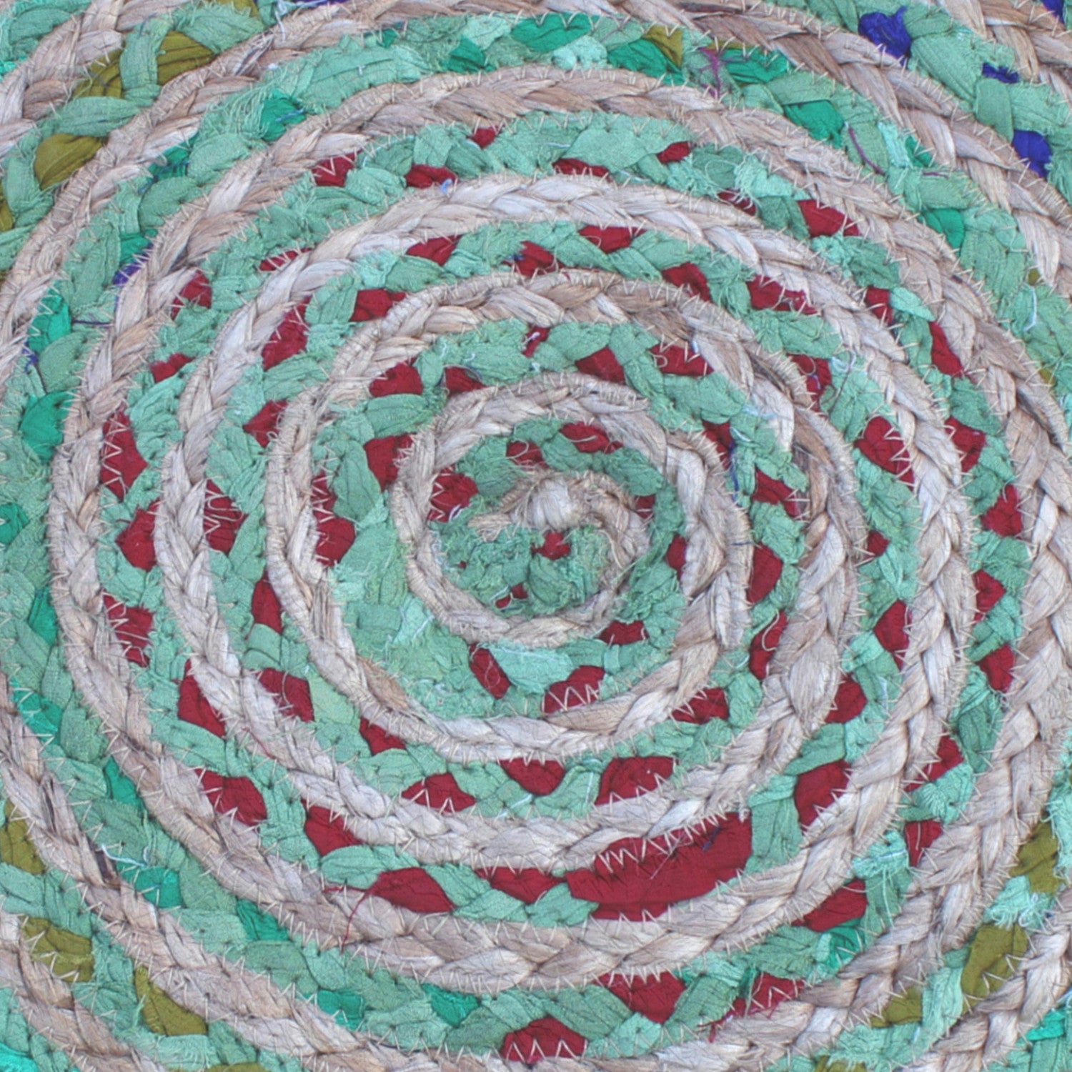 20" Blue Gray and Green Jute and Cotton Striped Round Pouf Ottoman