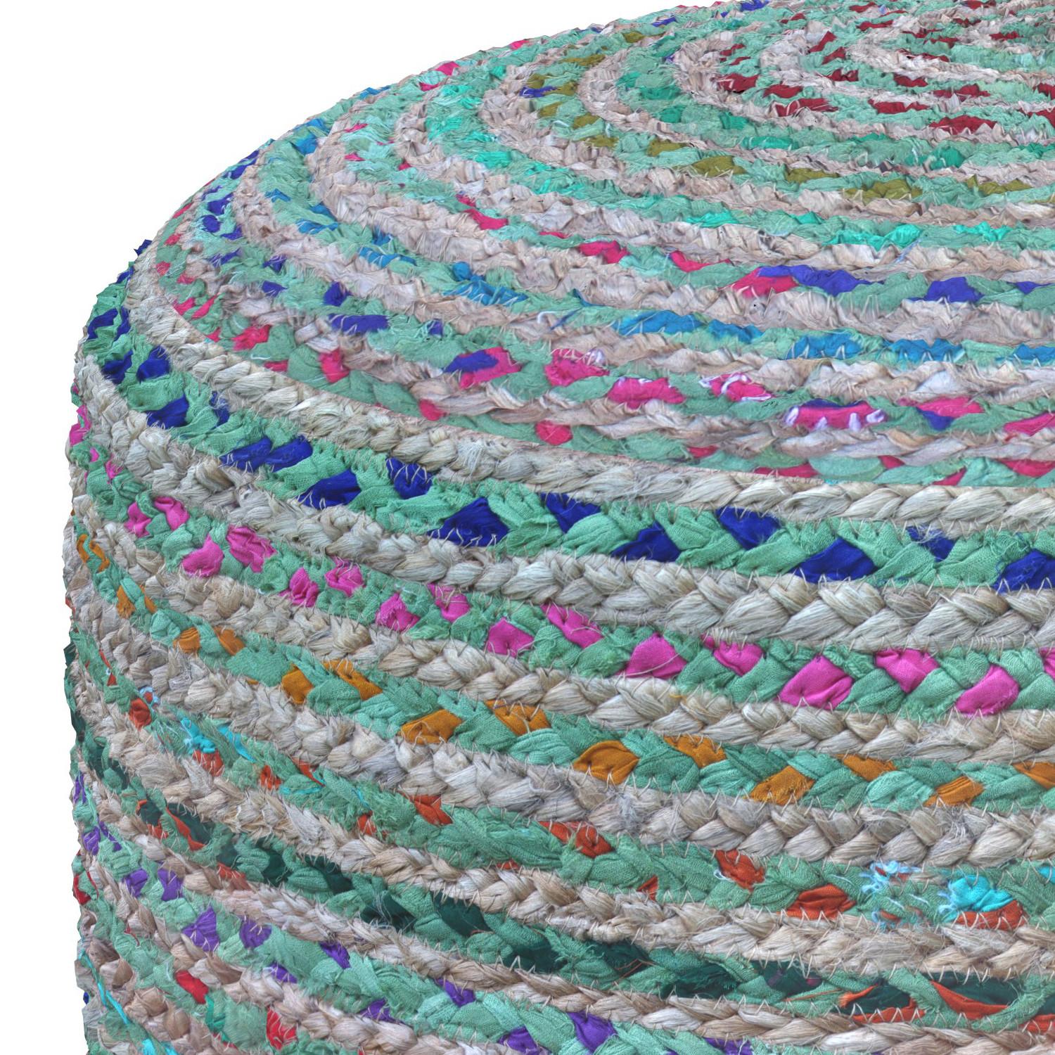 20" Blue Gray and Green Jute and Cotton Striped Round Pouf Ottoman