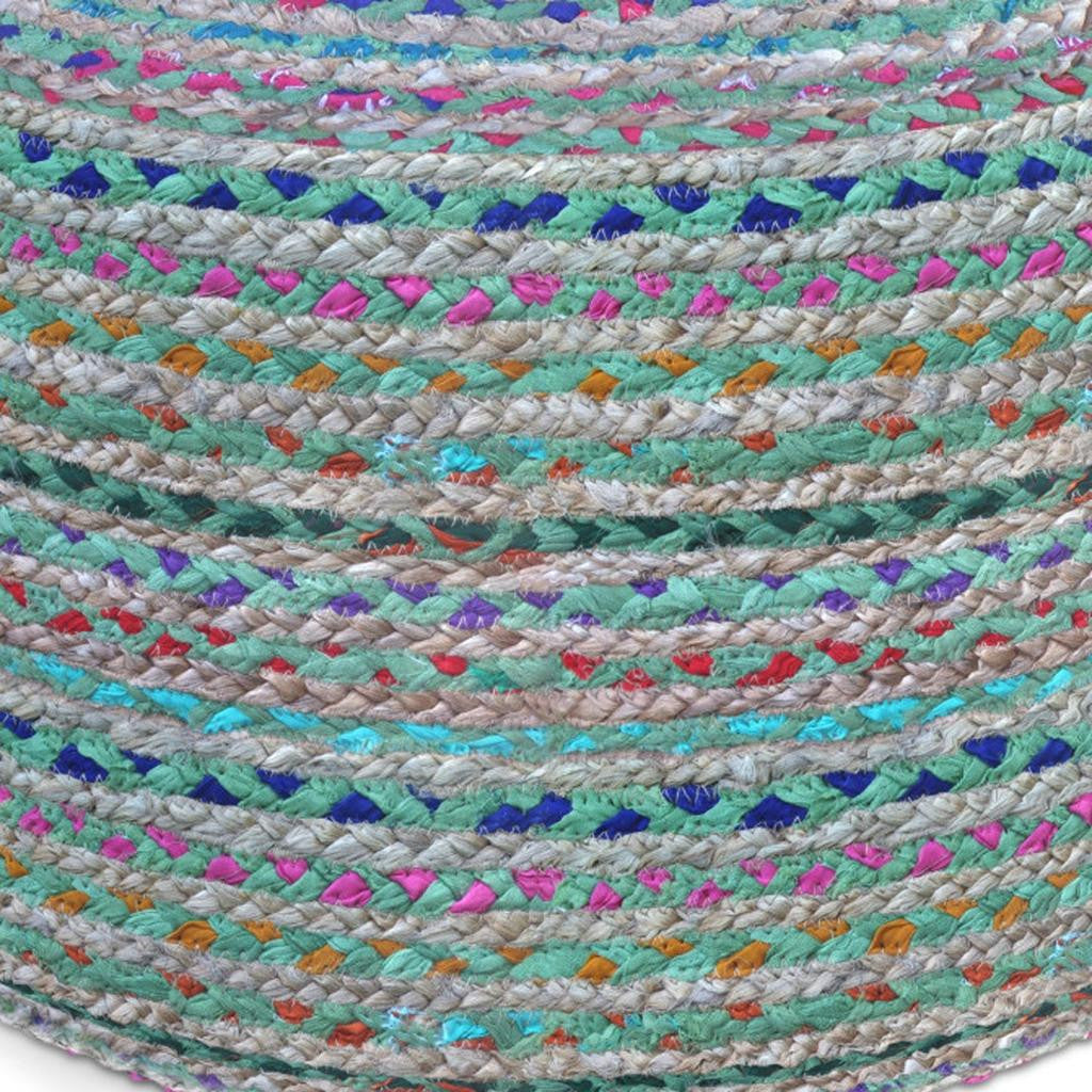20" Blue Gray and Green Jute and Cotton Striped Round Pouf Ottoman