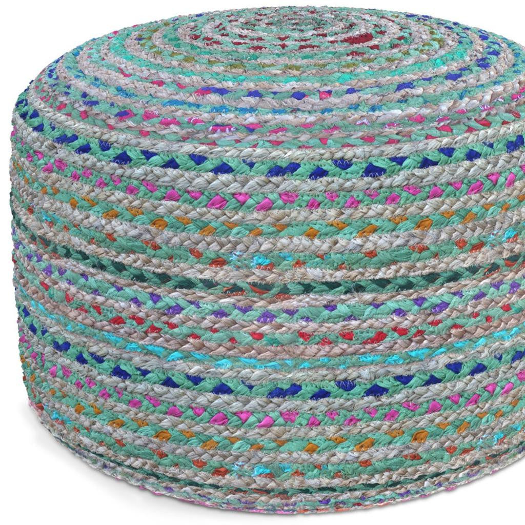 20" Blue Gray and Green Jute and Cotton Striped Round Pouf Ottoman