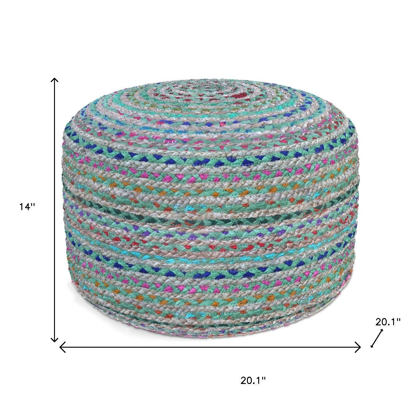20" Blue Gray and Green Jute and Cotton Striped Round Pouf Ottoman