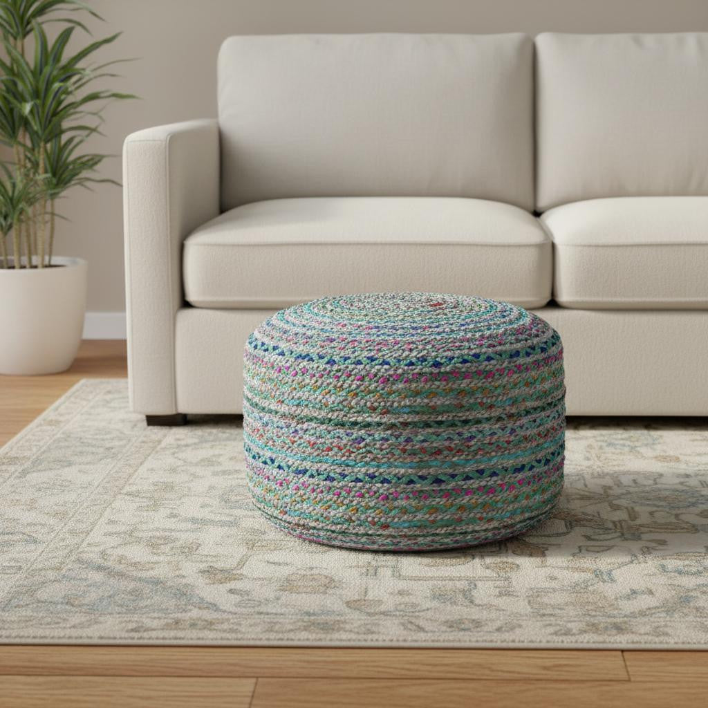 20" Blue Gray and Green Jute and Cotton Striped Round Pouf Ottoman