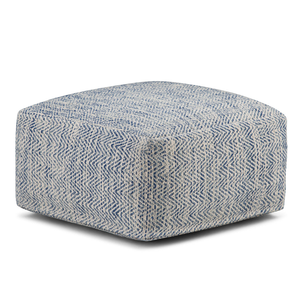 20" Denim Blue and White Cotton Chevron Pouf Ottoman