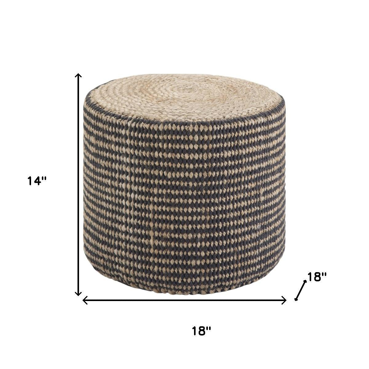 18" Black and Natural Jute Round Pouf Ottoman