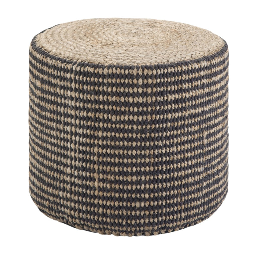 18" Black and Natural Jute Round Pouf Ottoman