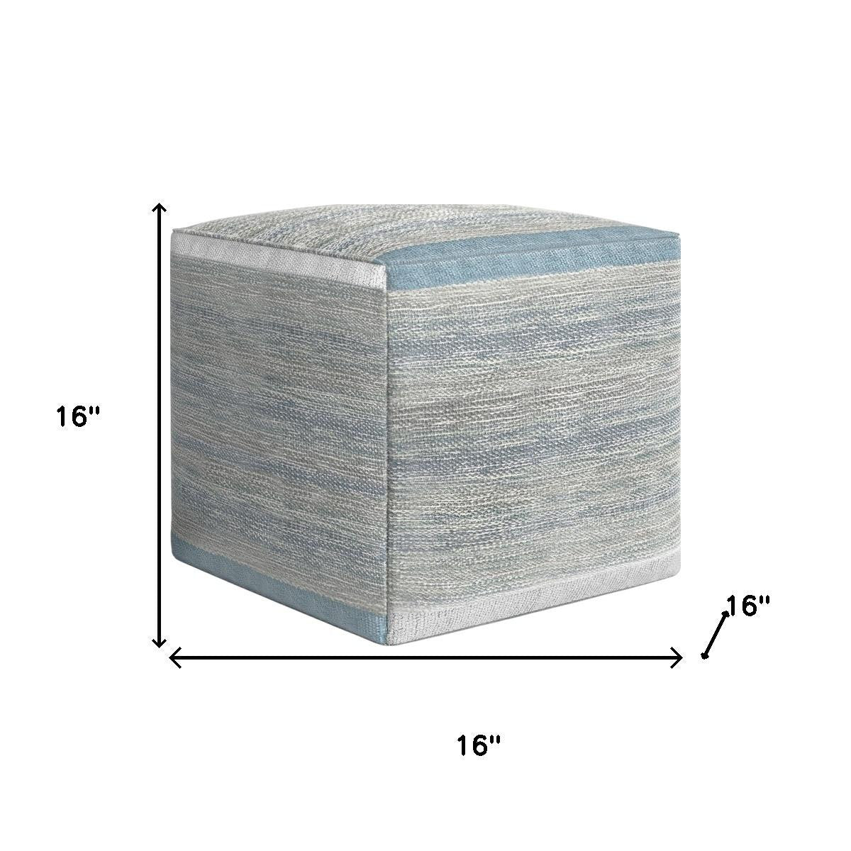 16" Blue Gray and Off White Cotton Abstract Cube Pouf Ottoman