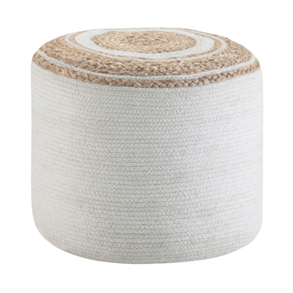 18" Natural and Off White Jute and Cotton Color Block Round Pouf Ottoman