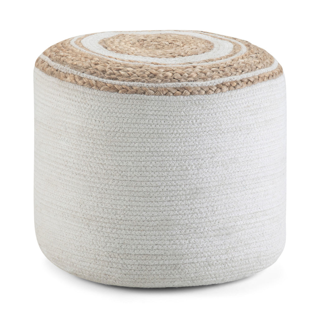 18" Natural and Off White Jute and Cotton Color Block Round Pouf Ottoman