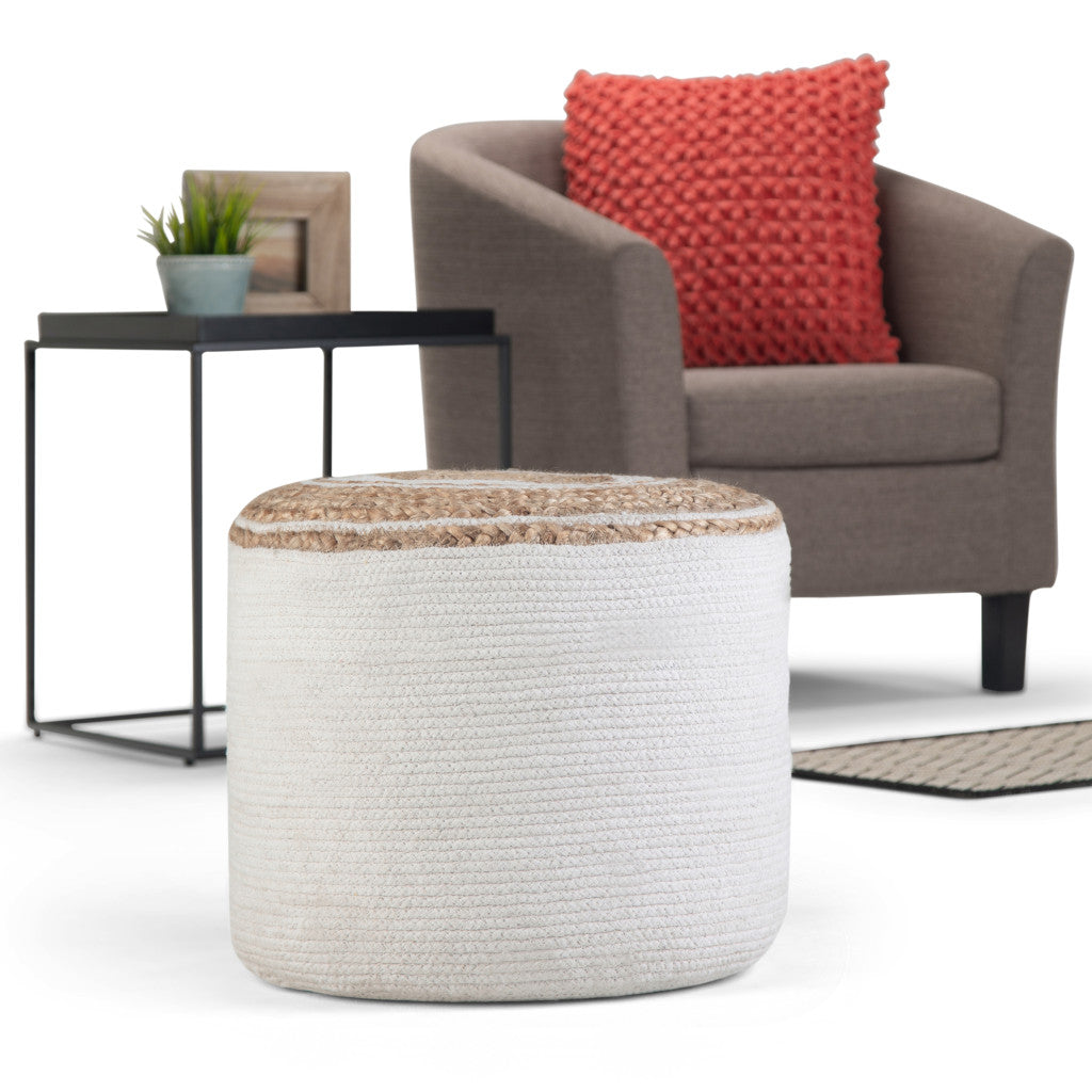 18" Natural and Off White Jute and Cotton Color Block Round Pouf Ottoman