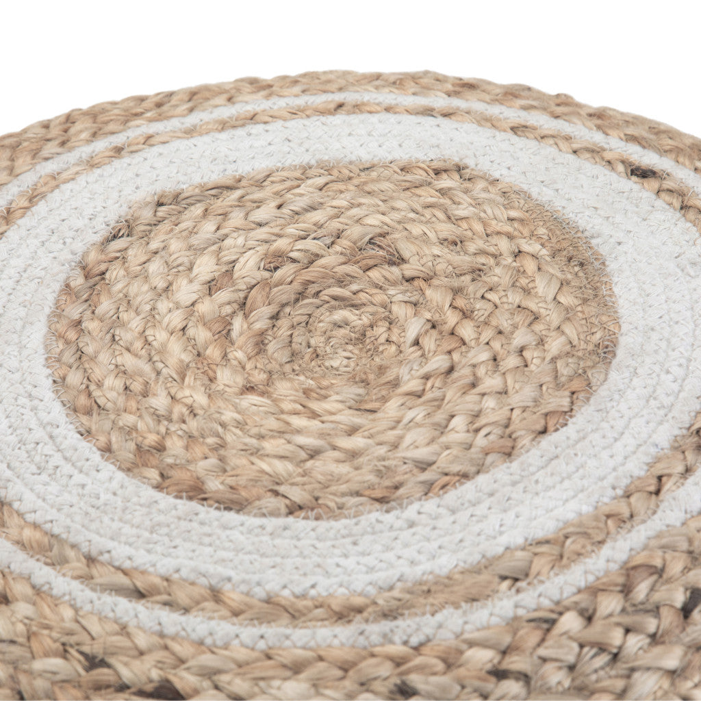 18" Natural and Off White Jute and Cotton Color Block Round Pouf Ottoman