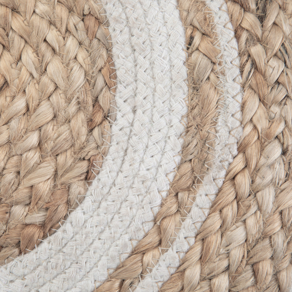 18" Natural and Off White Jute and Cotton Color Block Round Pouf Ottoman