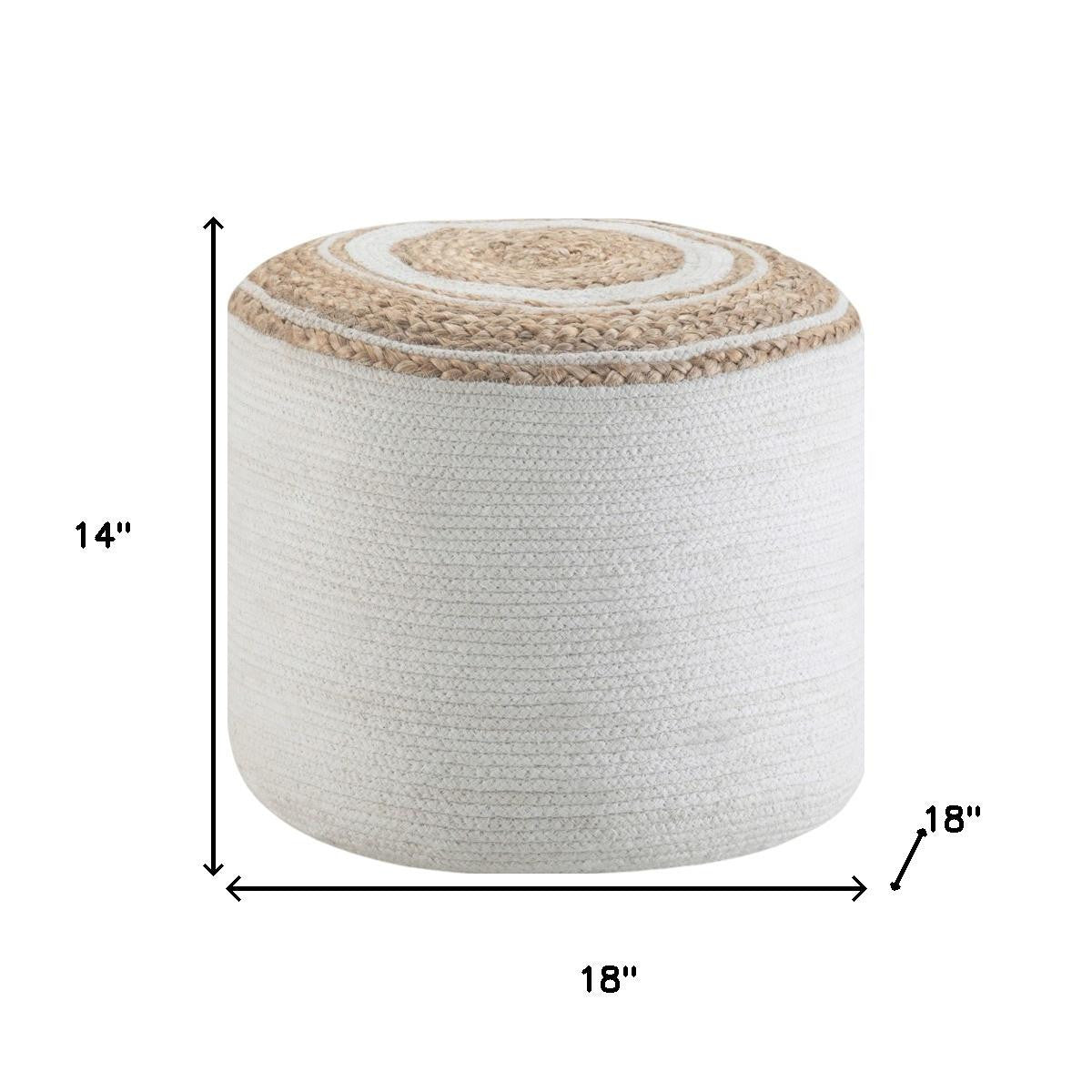18" Natural and Off White Jute and Cotton Color Block Round Pouf Ottoman