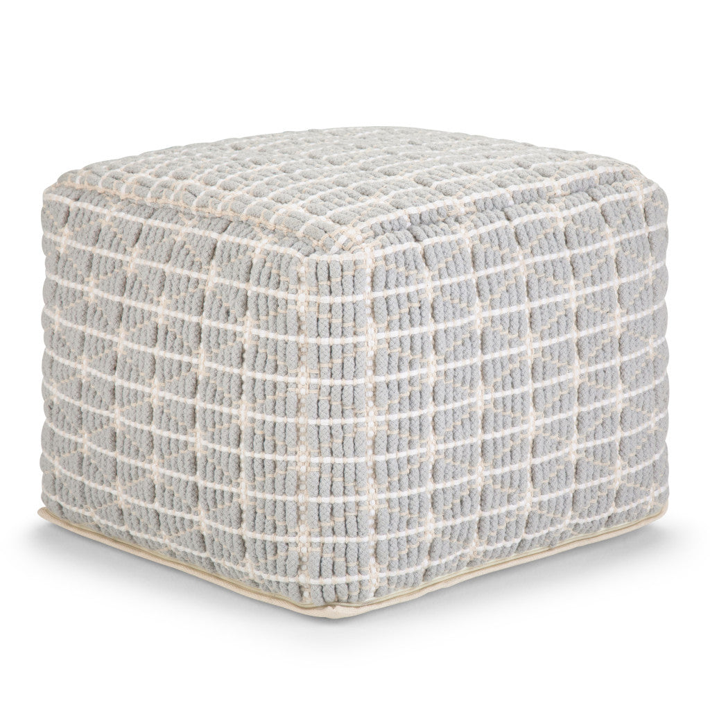 18" Light Blue and White Cotton Geometric Pouf Ottoman