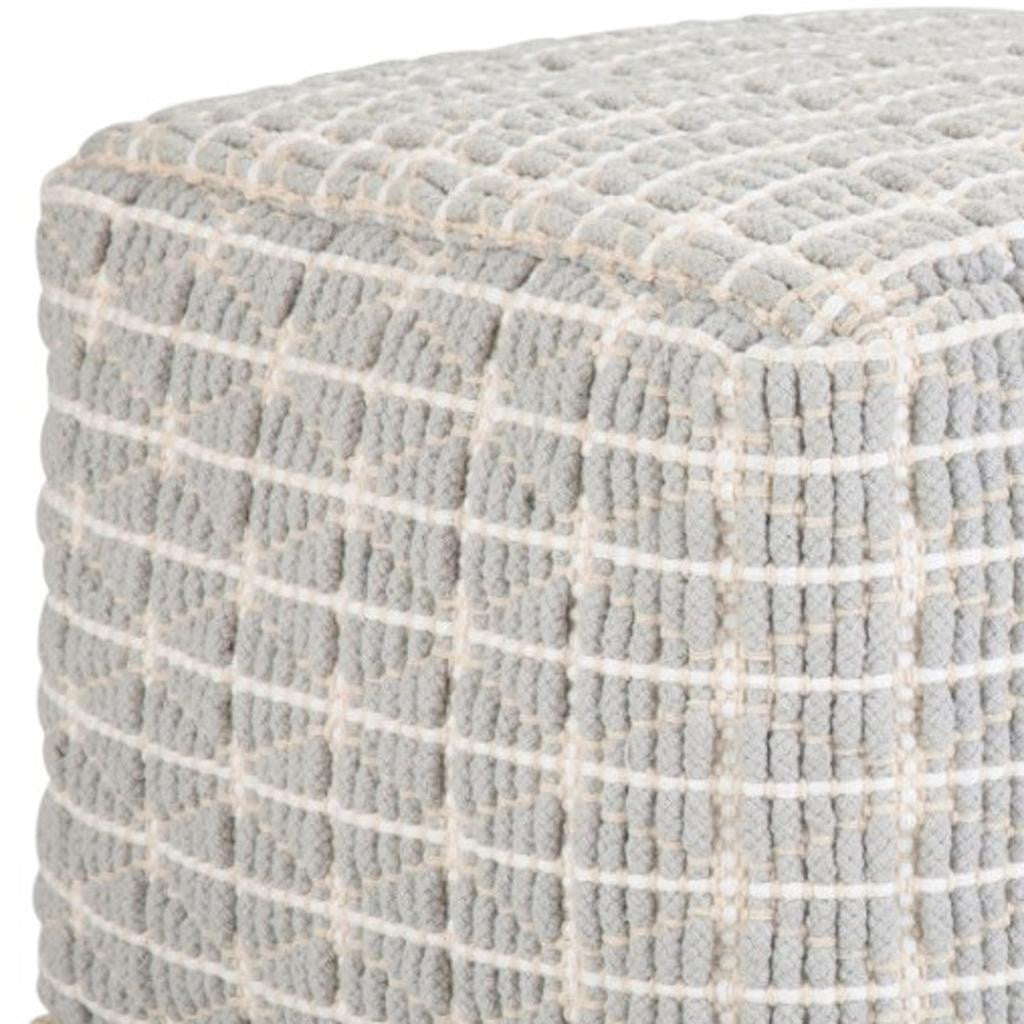 18" Light Blue and White Cotton Geometric Pouf Ottoman