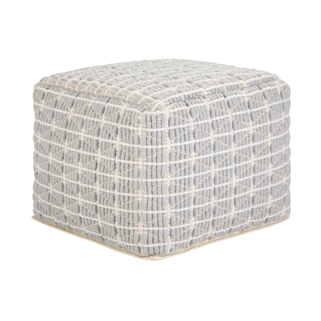 18" Light Blue and White Cotton Geometric Pouf Ottoman