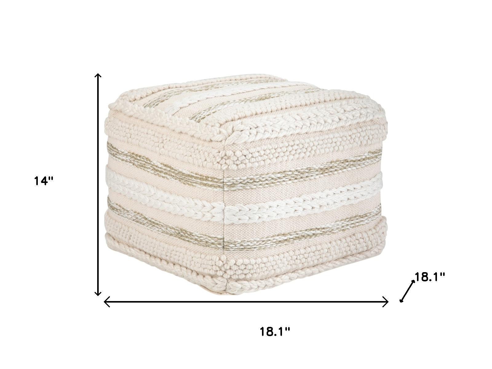 18" Beige Brown and White Cotton Striped Pouf Ottoman