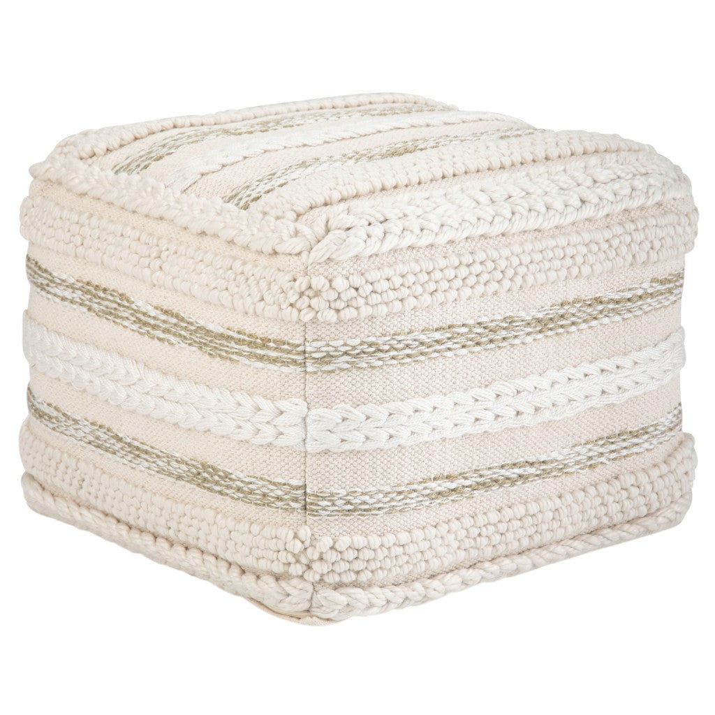 18" Beige Brown and White Cotton Striped Pouf Ottoman