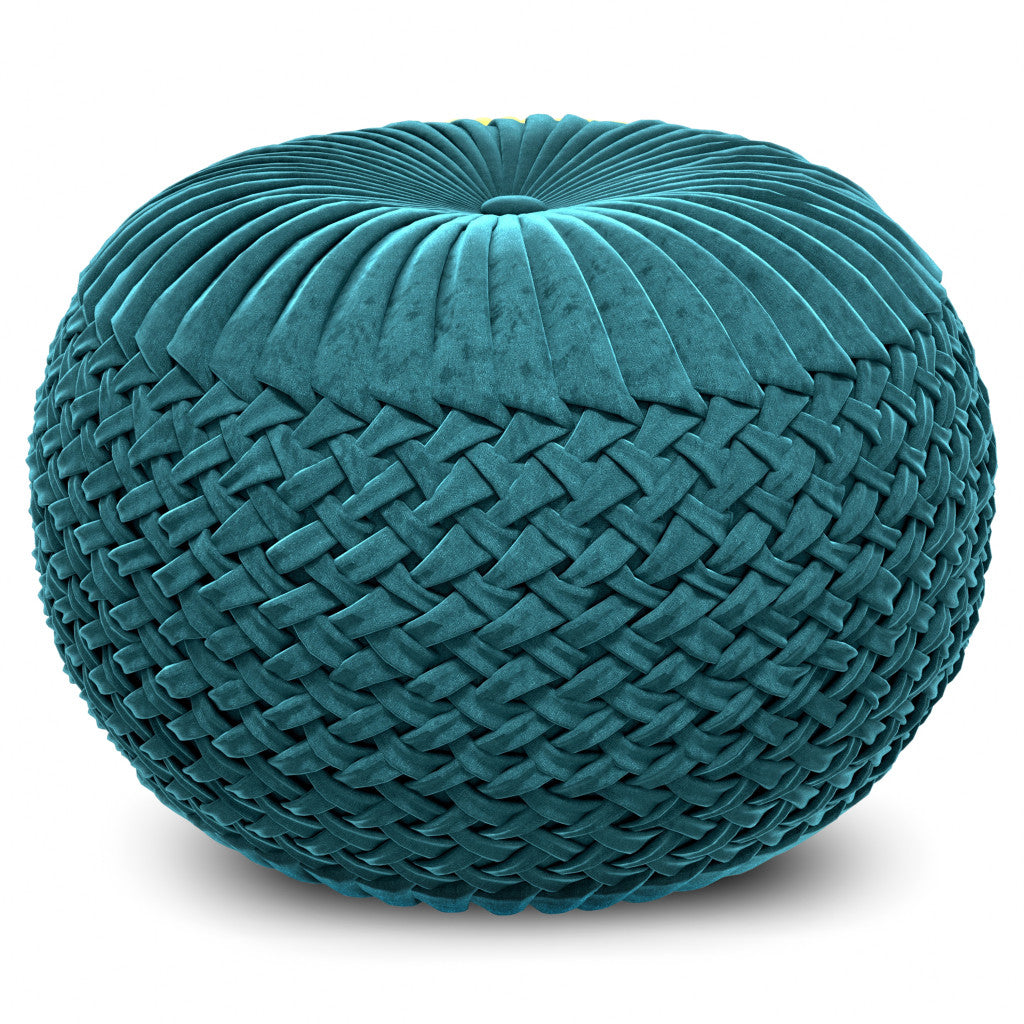 20" Teal Blue Velvet Tufted Round Pouf Ottoman