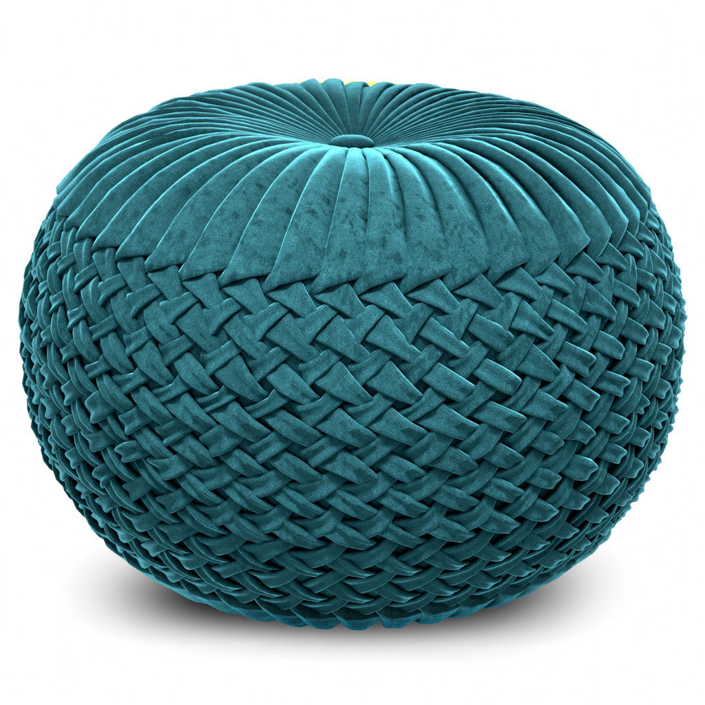 20" Teal Blue Velvet Tufted Round Pouf Ottoman