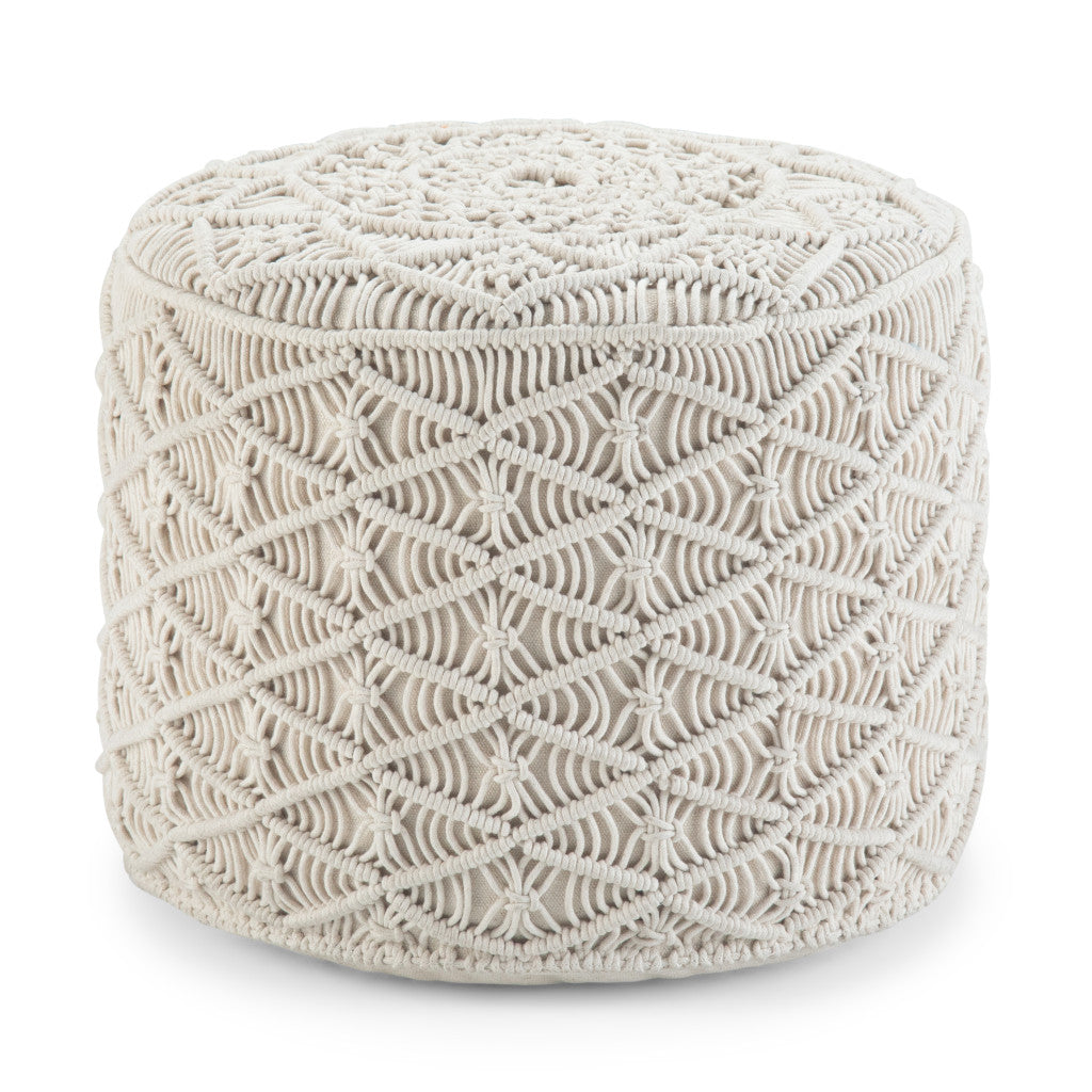 18" Off White Cotton Geometric Round Pouf Ottoman