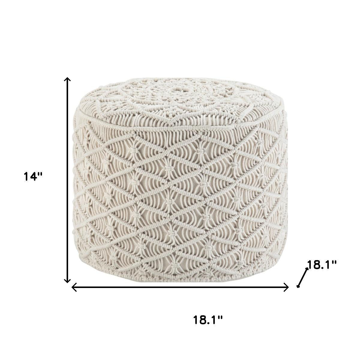 18" Off White Cotton Geometric Round Pouf Ottoman