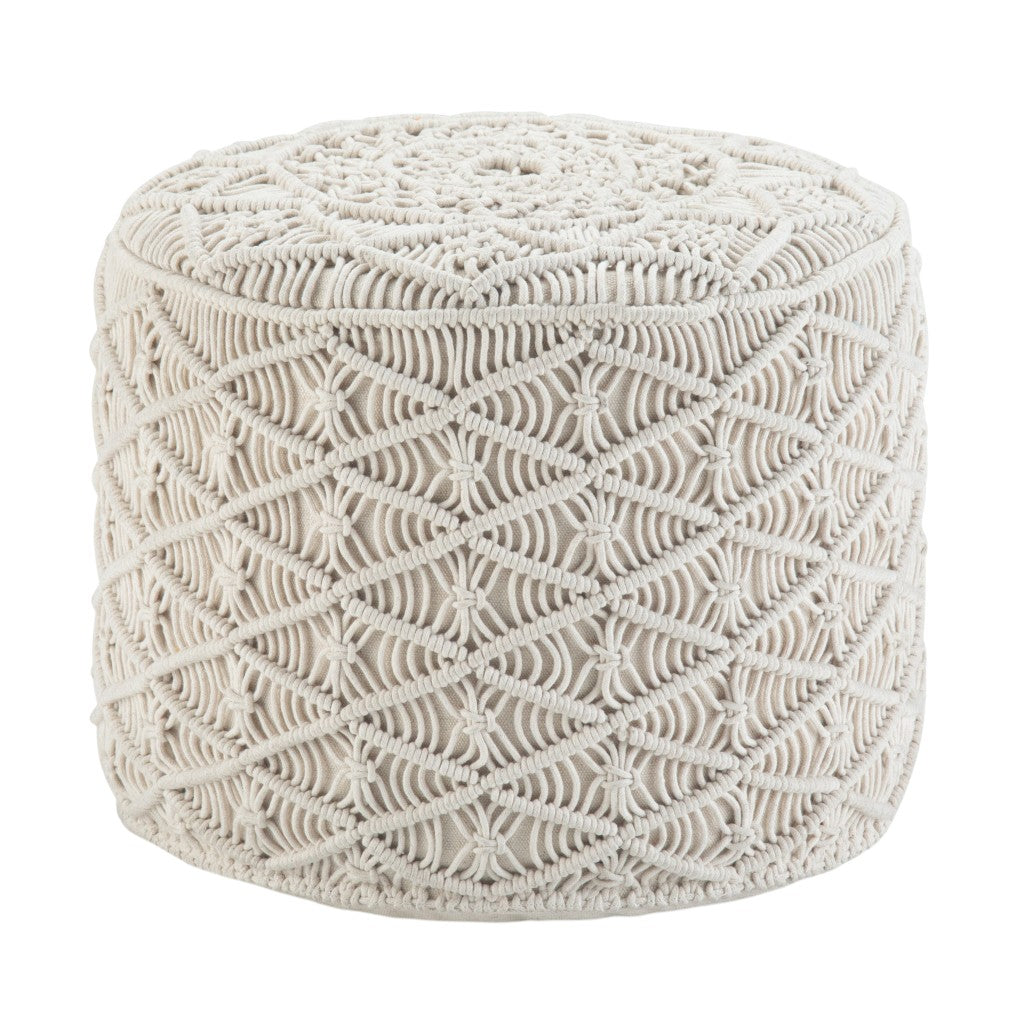 18" Off White Cotton Geometric Round Pouf Ottoman
