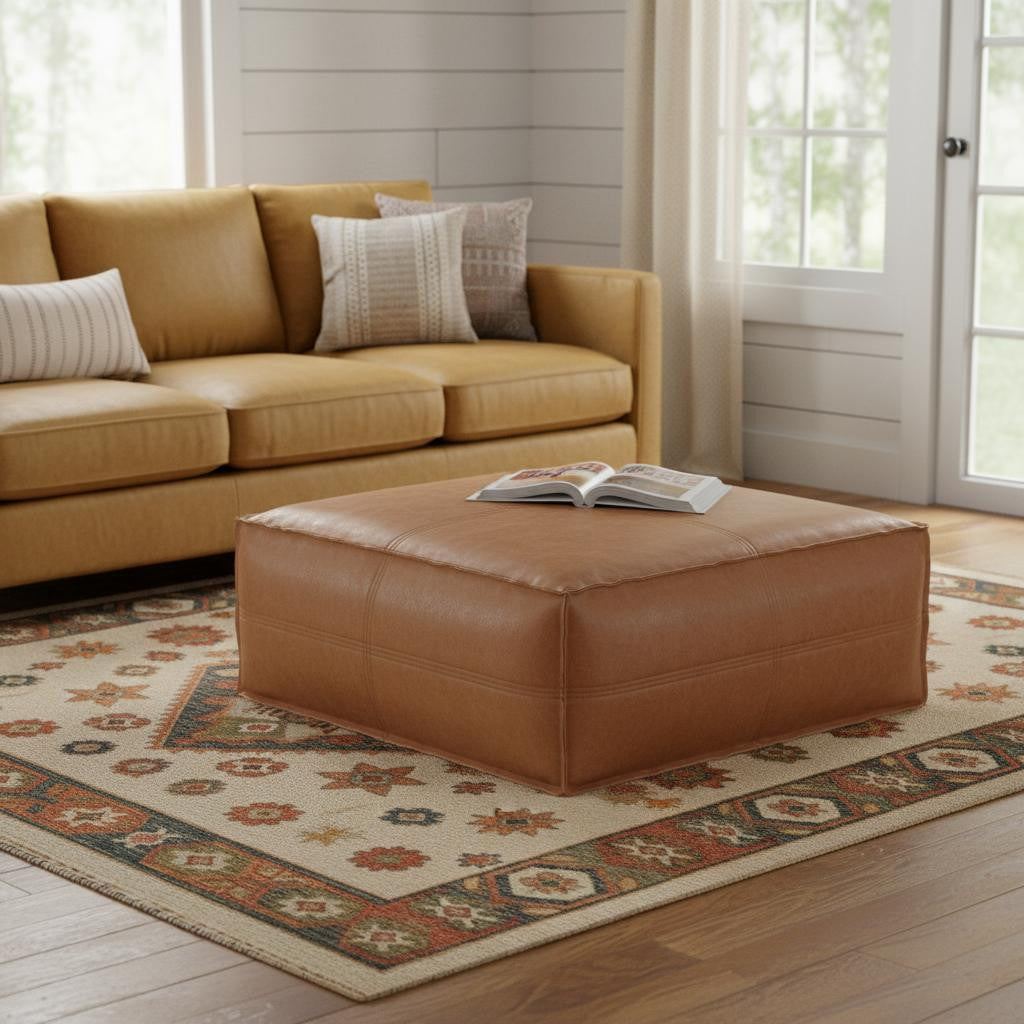 36" Brown Faux Leather Pouf Ottoman