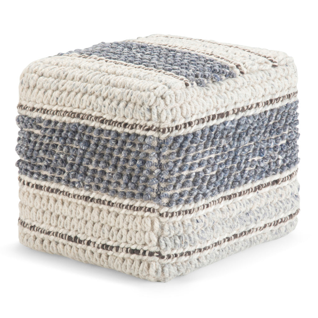 18" Blue Brown and Off White Cotton and Wool Striped Pouf Ottoman