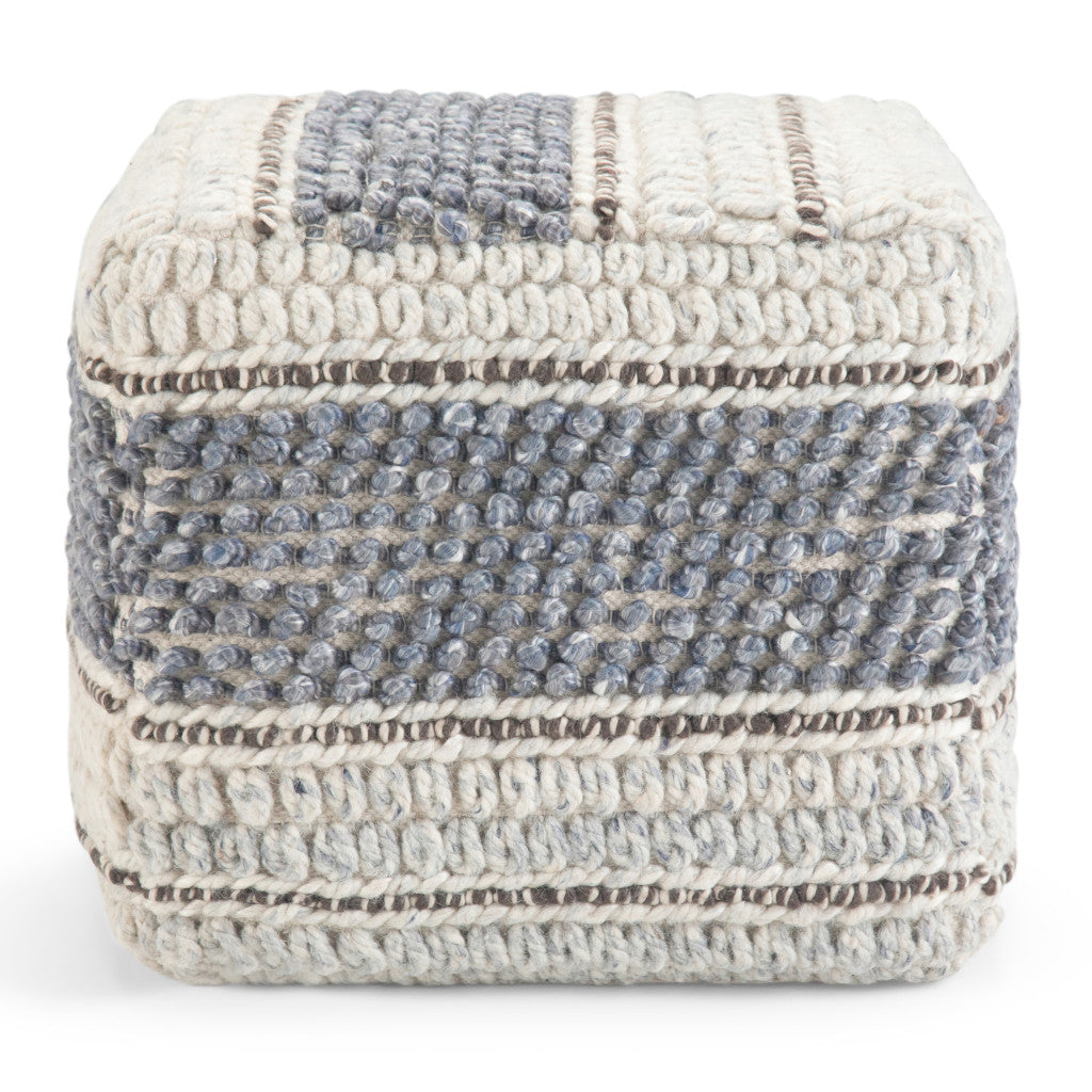 18" Blue Brown and Off White Cotton and Wool Striped Pouf Ottoman