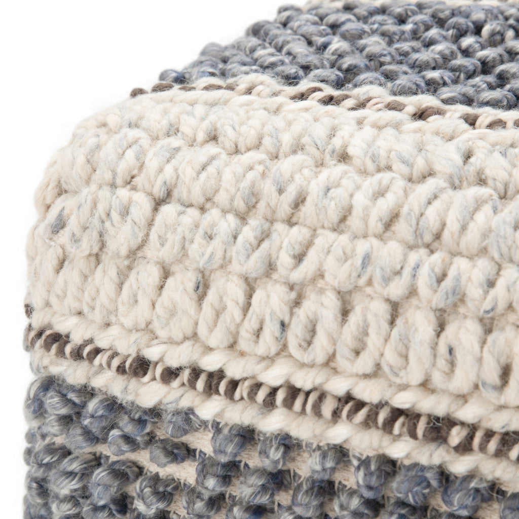 18" Blue Brown and Off White Cotton and Wool Striped Pouf Ottoman