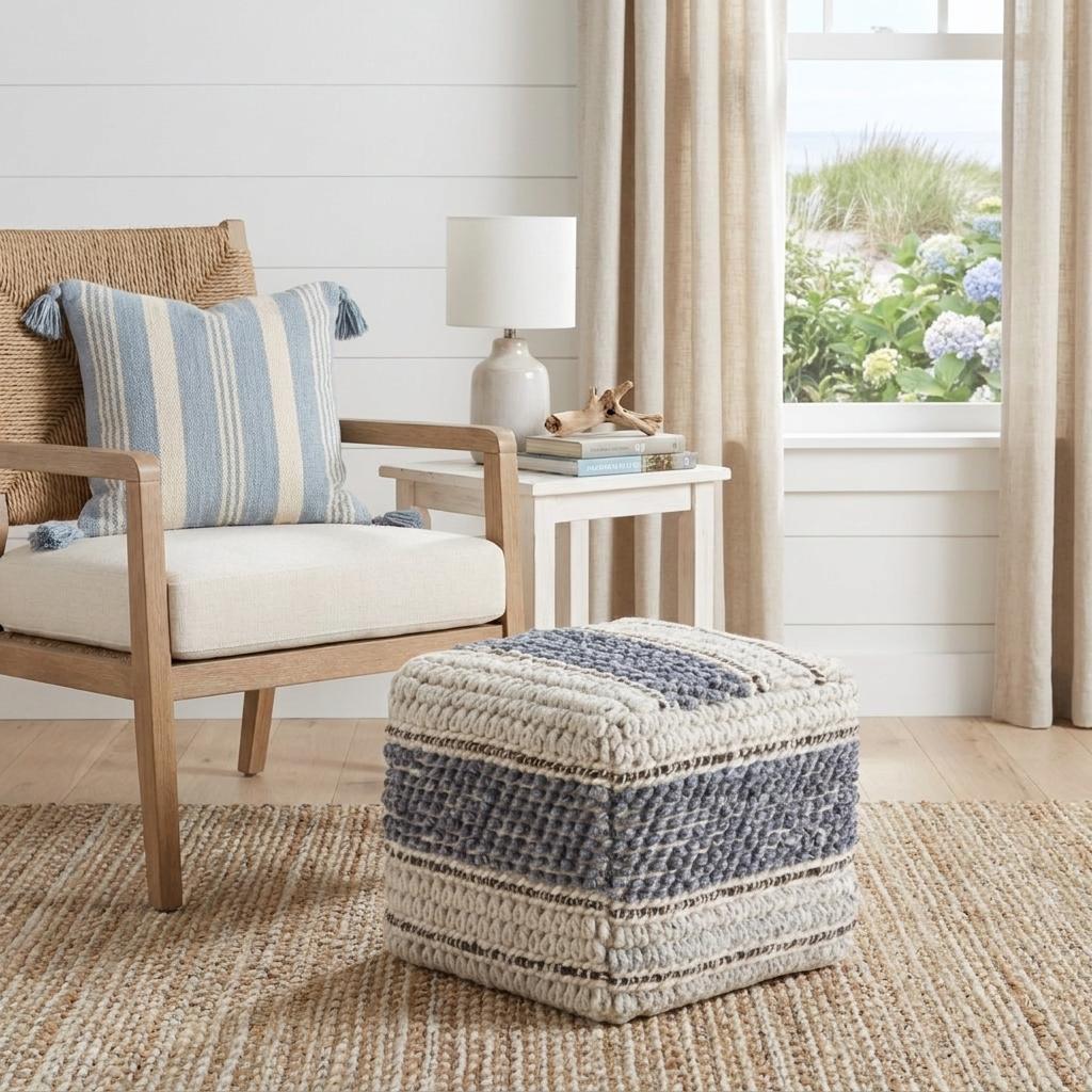 18" Blue Brown and Off White Cotton and Wool Striped Pouf Ottoman