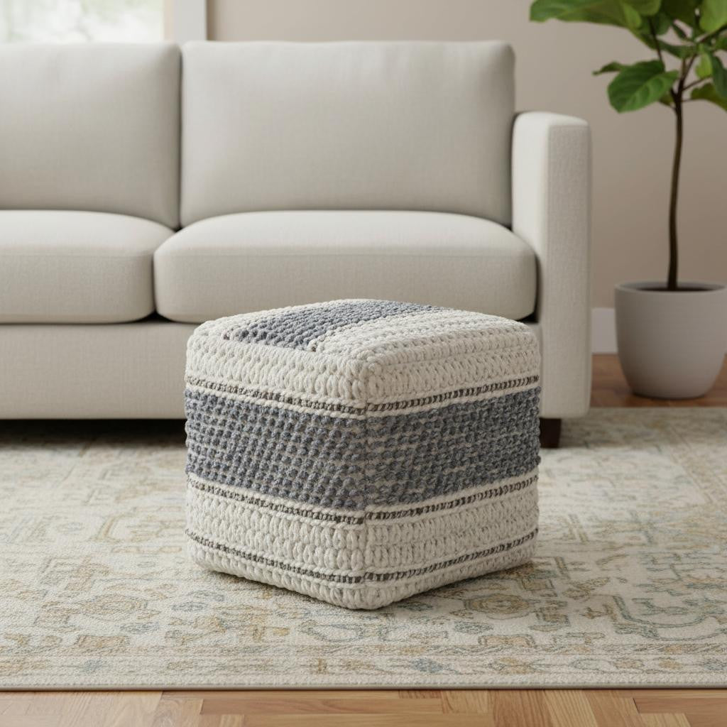18" Blue Brown and Off White Cotton and Wool Striped Pouf Ottoman