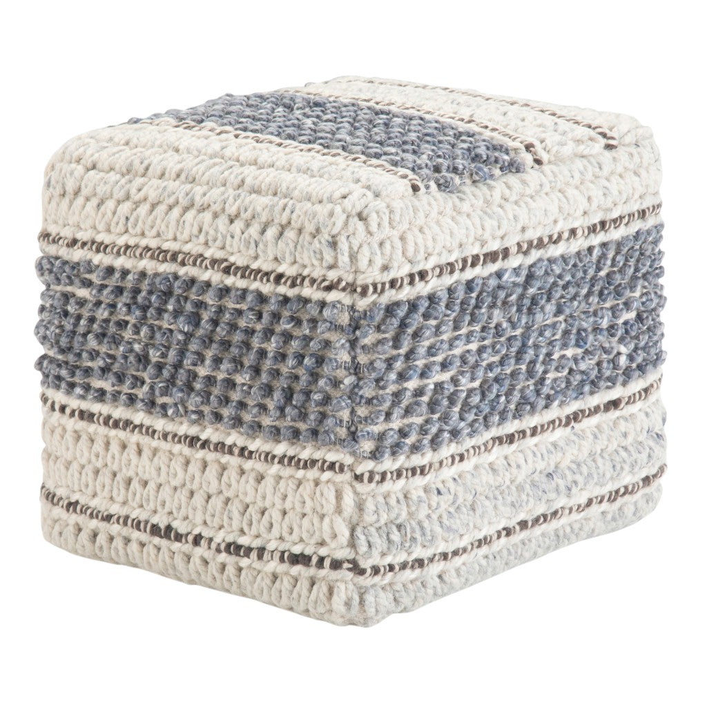 18" Blue Brown and Off White Cotton and Wool Striped Pouf Ottoman