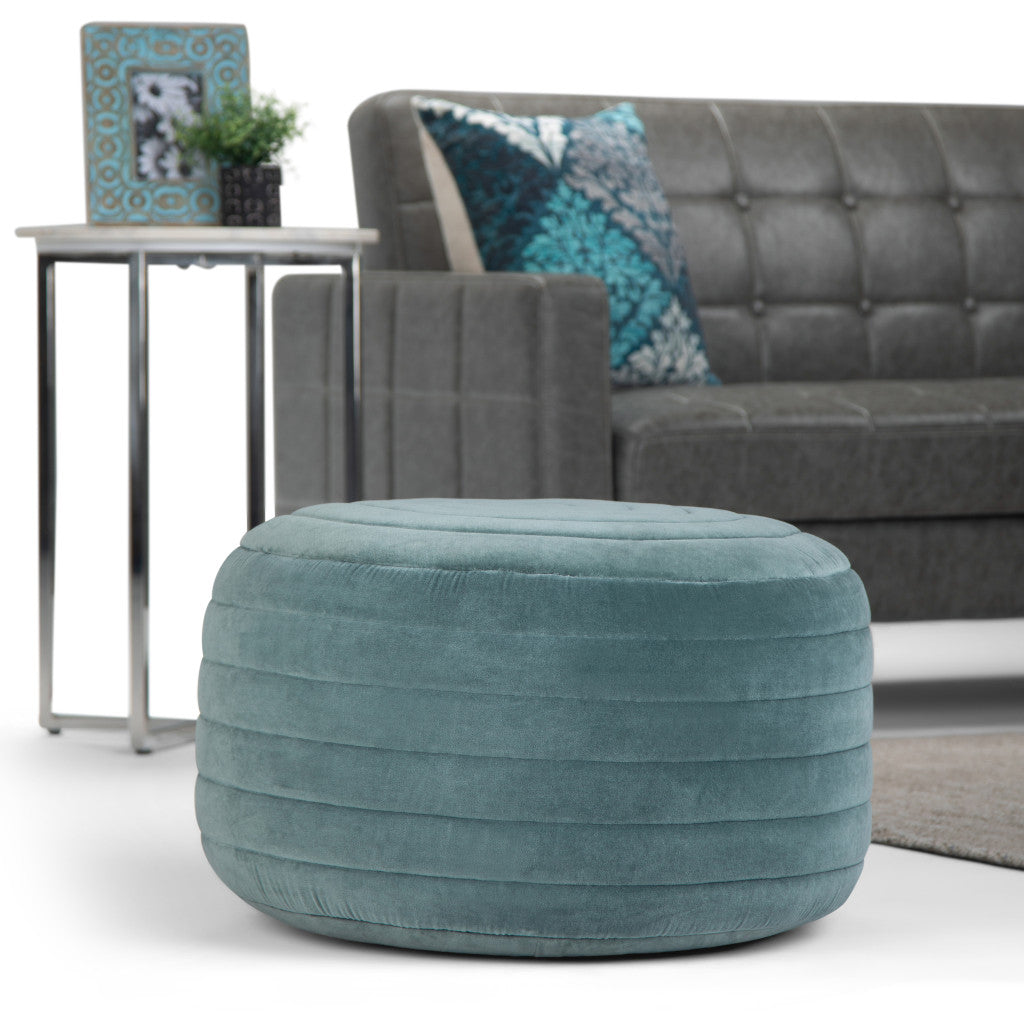 20" Turquoise Velvet Ribbed Round Pouf Ottoman