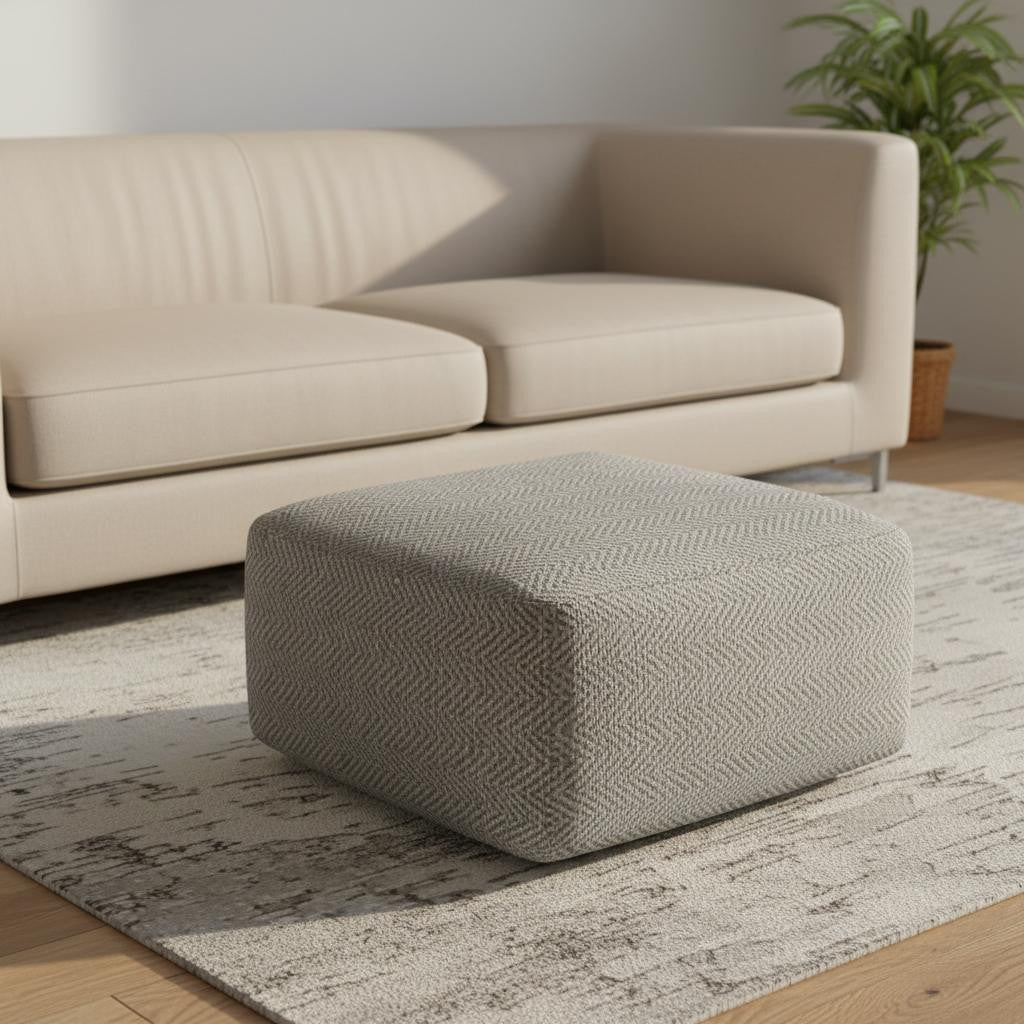 20" Gray and White Cotton Chevron Pouf Ottoman